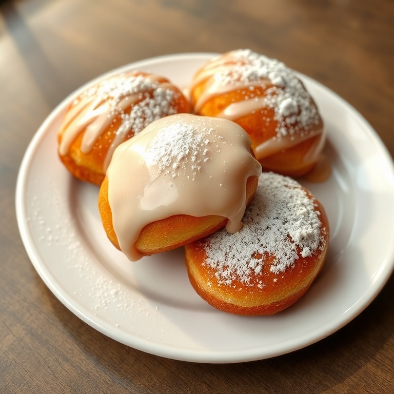 Perfectly plated beignets with a thick glaze and powdered sugar on a white plate. Warm side lighting shows the texture and shine.