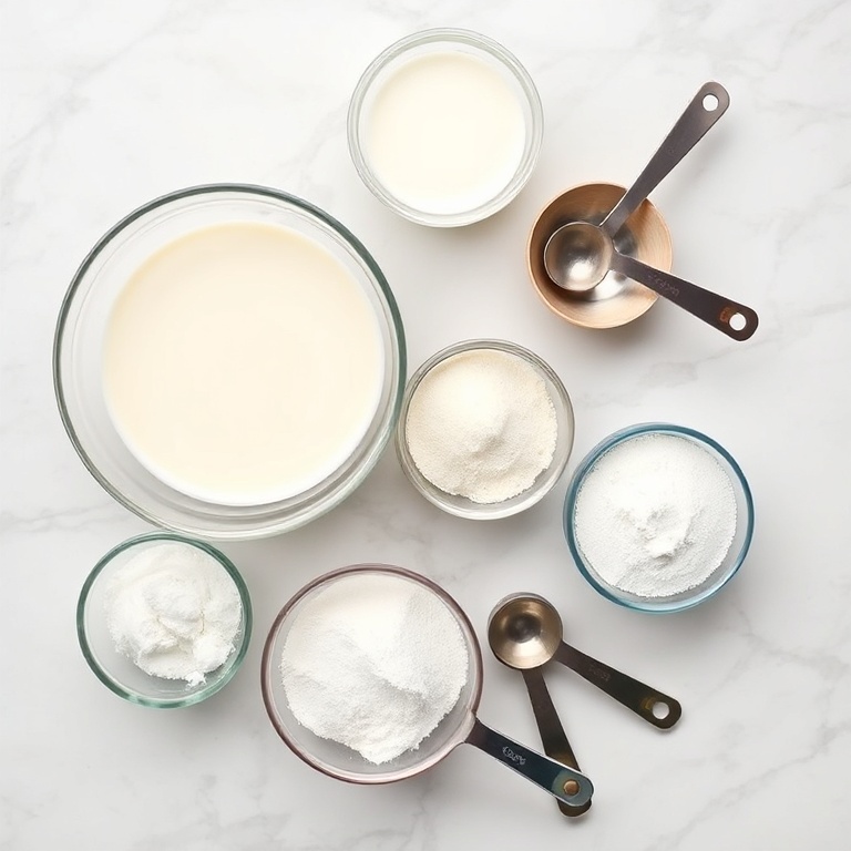 Raw ingredients for buttermilk glazed beignets on a white marble surface. Flour, buttermilk, sugar, baking powder, and yeast clearly visible.