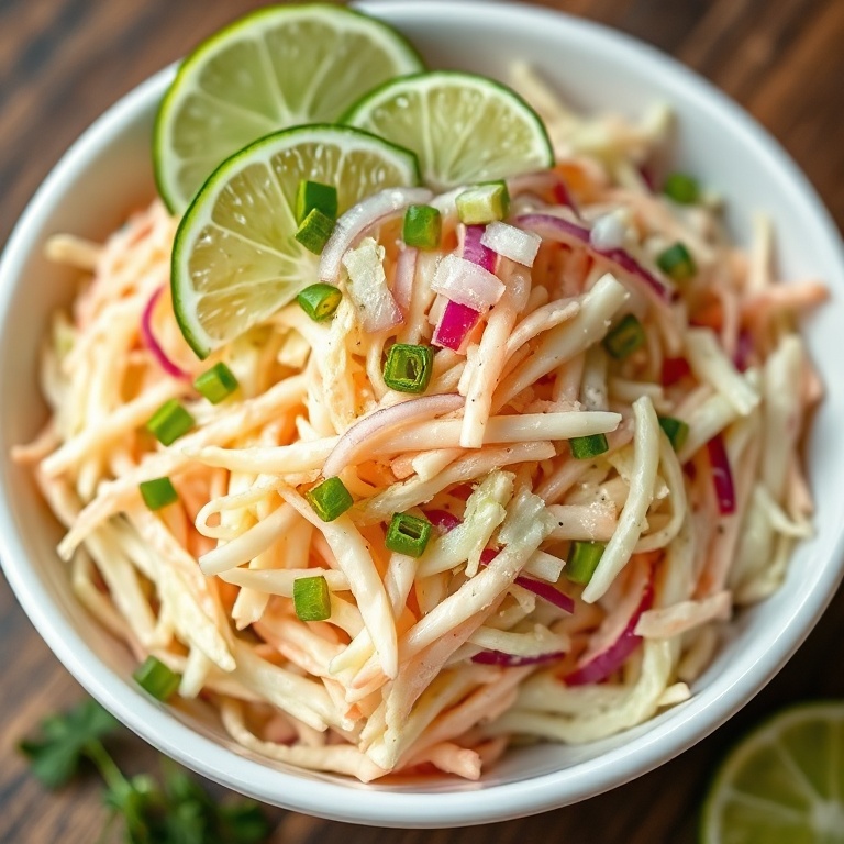 Cabbage slaw in a white bowl. Topped with fresh lime slices and chopped onion.