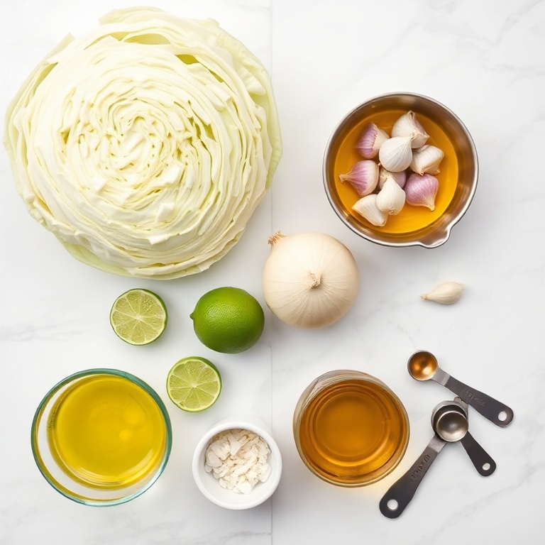 Cabbage, lime, onion, garlic, and olive oil arranged in a flat lay. Measuring cups and spoons nearby.