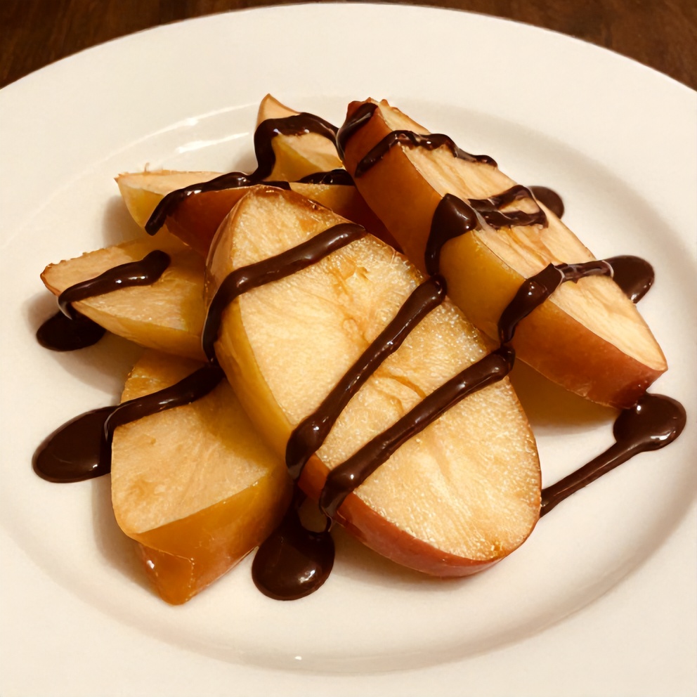 Plated caramel apple slices with chocolate drizzle on a white plate