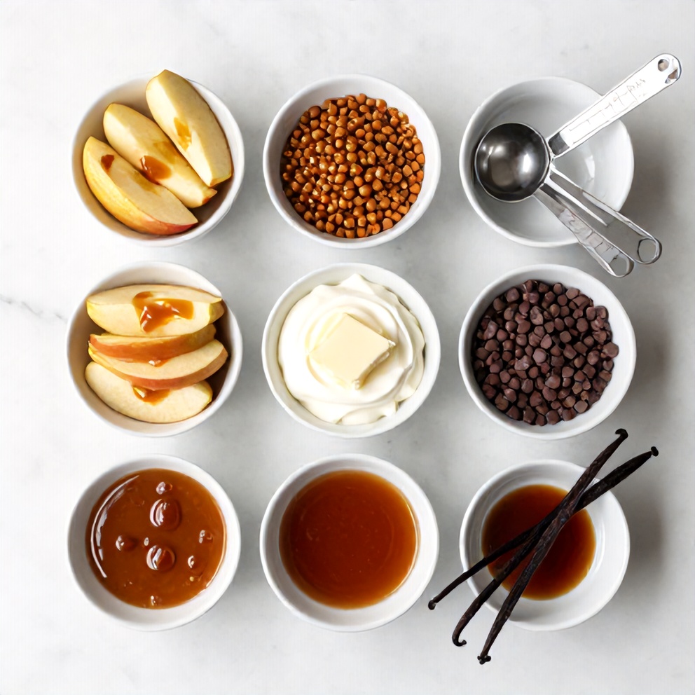 Raw ingredients for caramel apple slices: apples, caramel bits, chocolate chips, heavy cream, butter, cinnamon, and vanilla extract