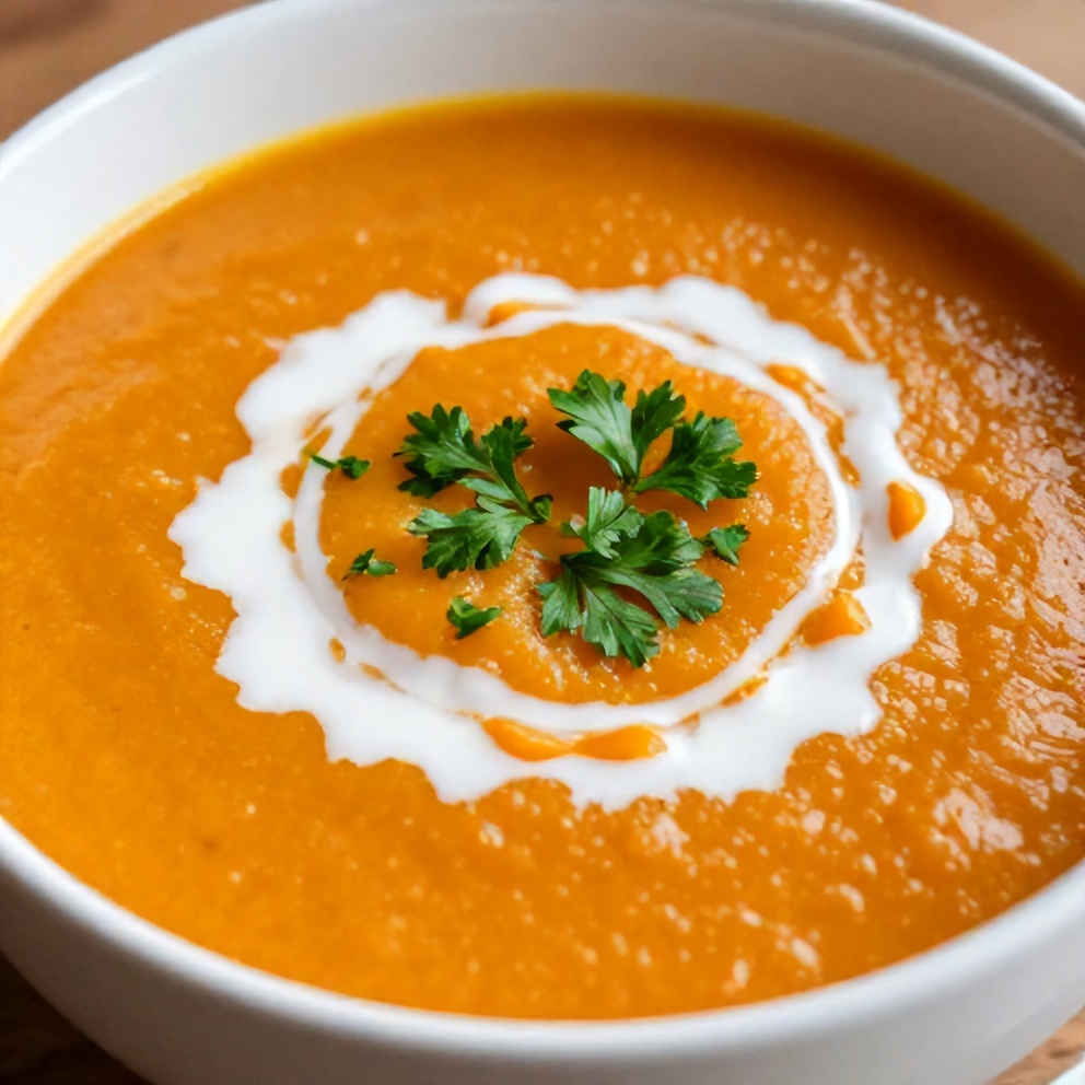 Single serving of easy carrot ginger soup in a white bowl, garnished with chopped parsley and a swirl of coconut milk, close up.