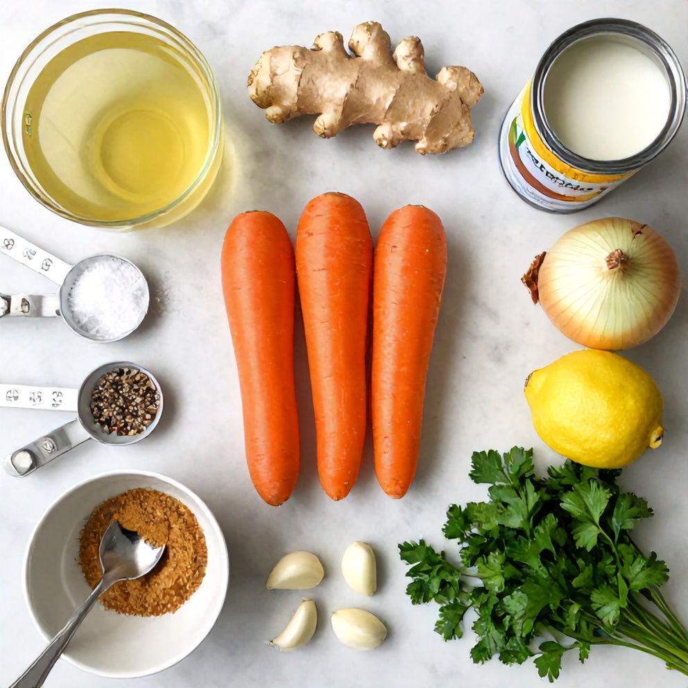 Overhead flat lay of fresh carrots, ginger root, onion, garlic, and coconut milk surrounded by broth, herbs, and prep bowls on marble.