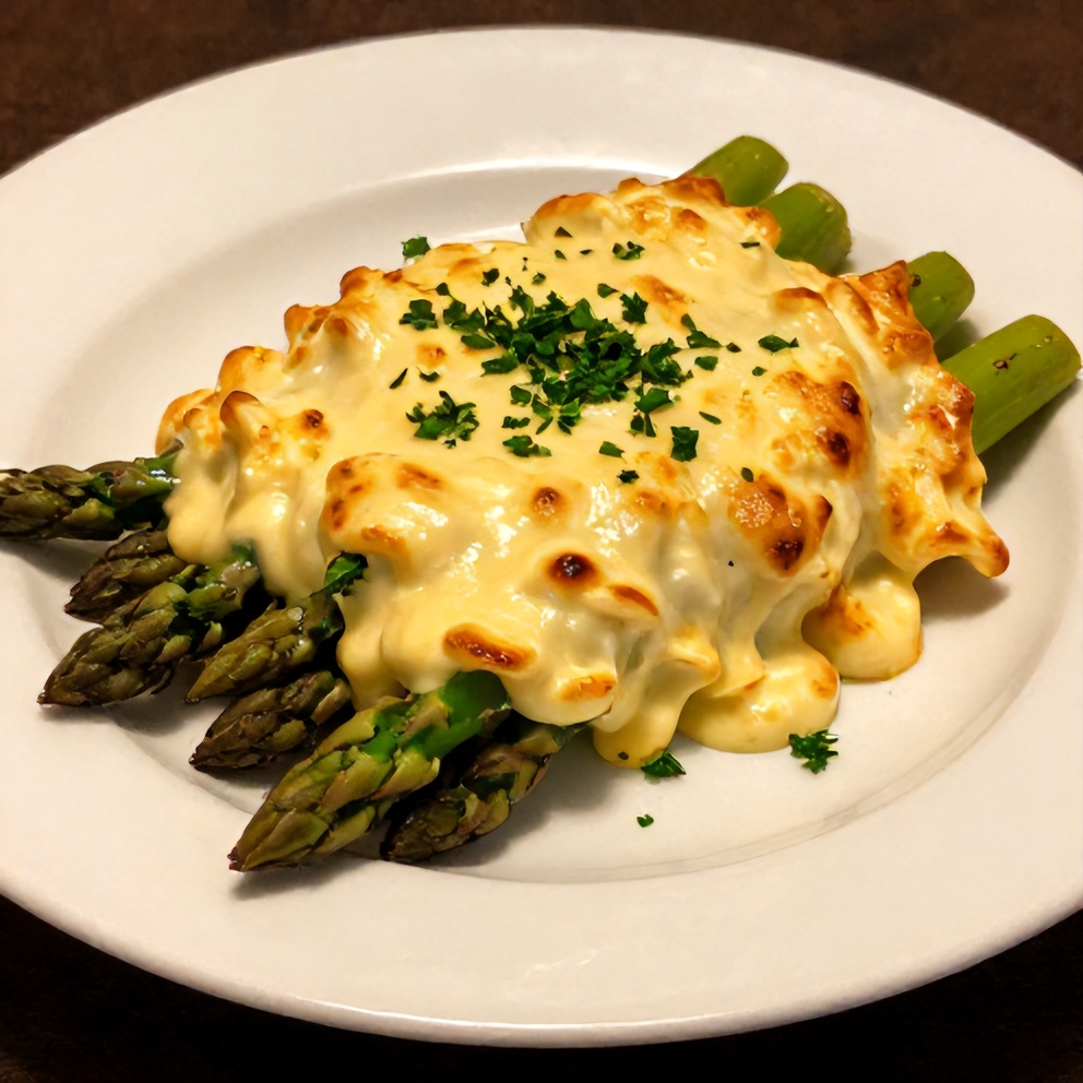 Plated serving of cheesy asparagus casserole