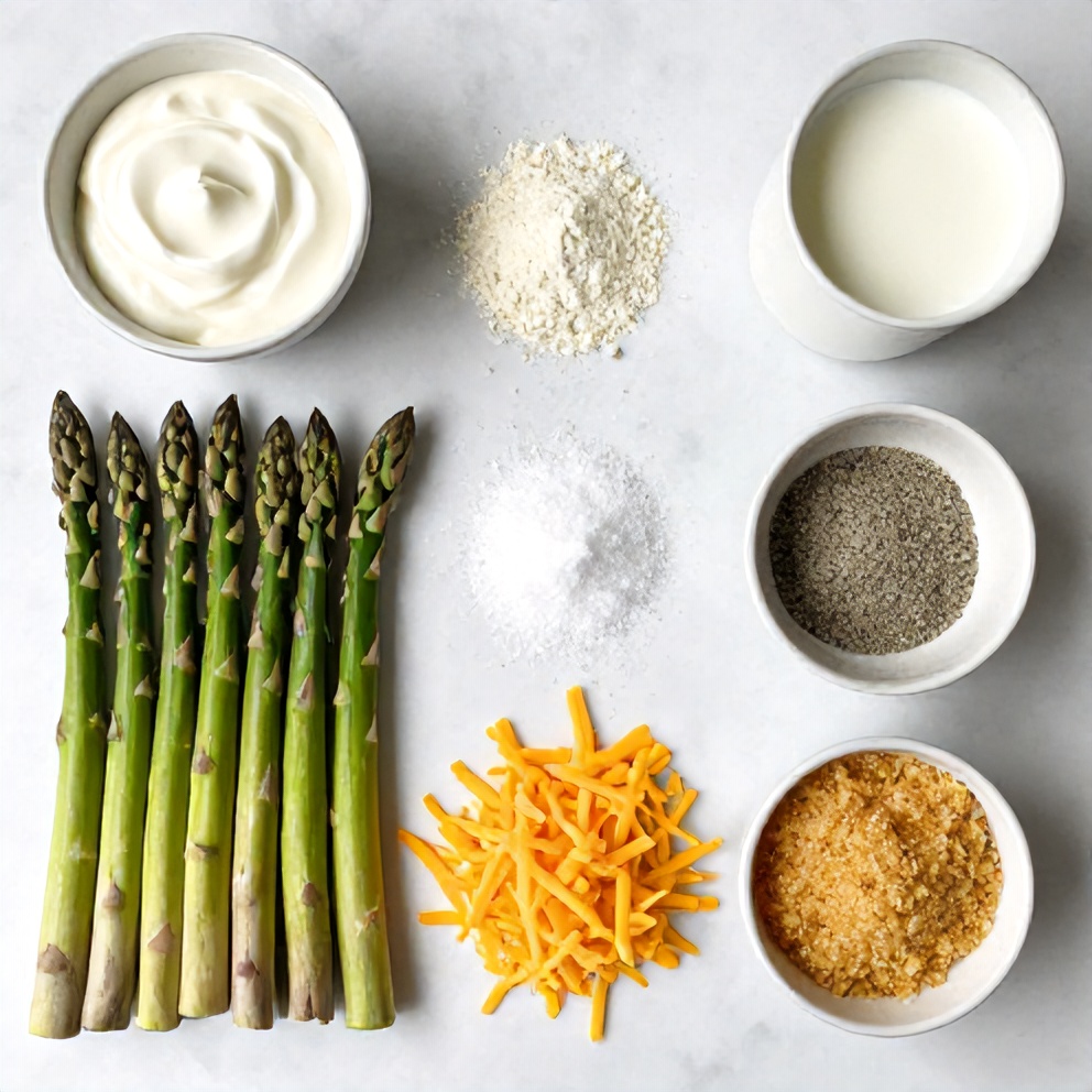 Raw ingredients for asparagus casserole on a wooden surface