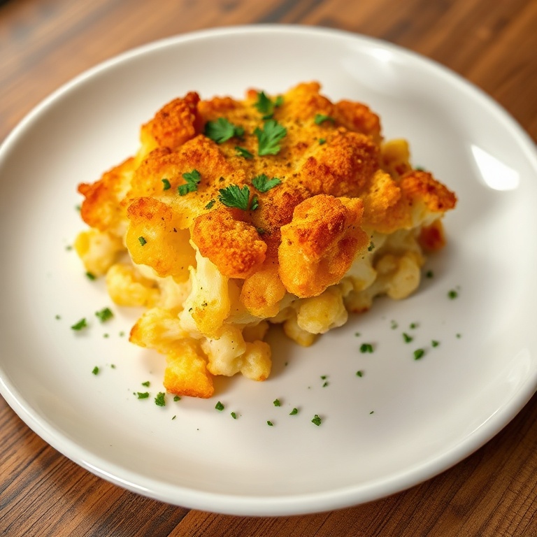 Crispy golden cauliflower casserole on a white plate with a sprinkle of parsley