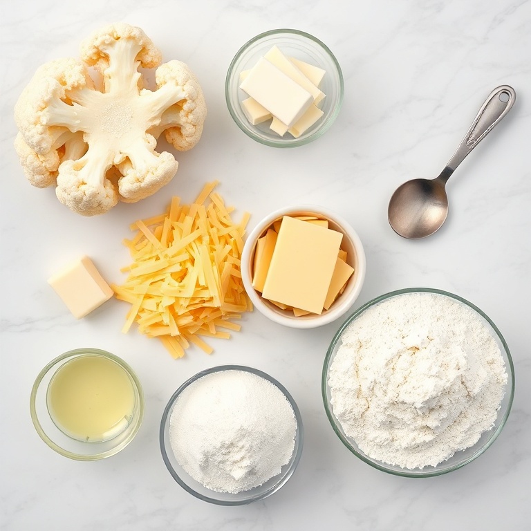 Raw cauliflower, shredded cheddar, garlic, butter, and breadcrumbs arranged in an overhead flat lay on a white marble surface