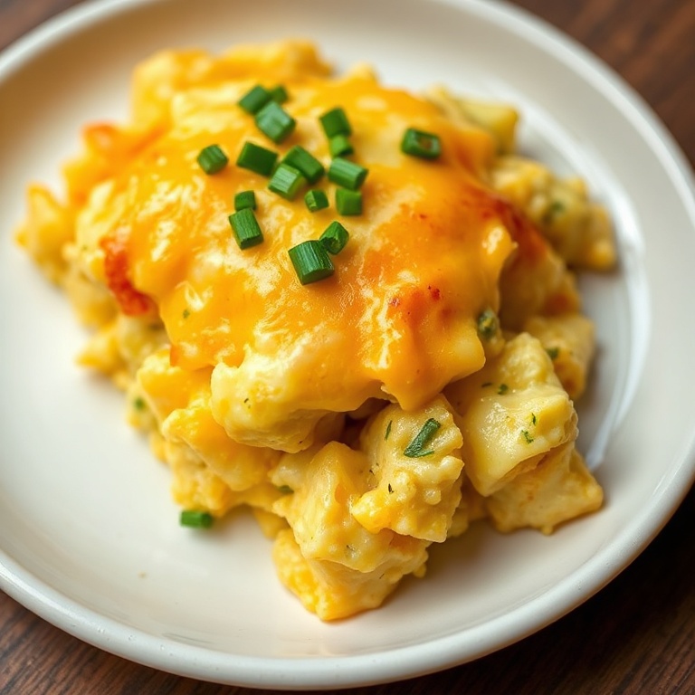 One serving of cheesy potato egg scramble topped with fresh chives on a white plate. Close crop and warm light highlight melty cheese and golden potato edges.
