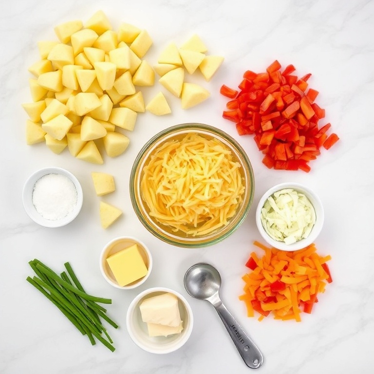Overhead flat lay showing raw potatoes, eggs, shredded cheddar, onions, and bell peppers—the five most prominent ingredients—with prep bowls and spoons on white marble.
