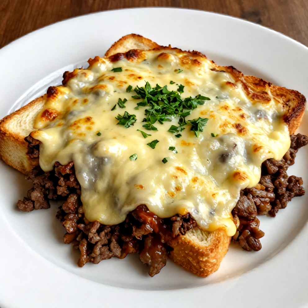 One plated serving of cheesy sloppy joe garlic bread topped with fresh parsley on a white dinner plate, close crop, cheese melted across the top.