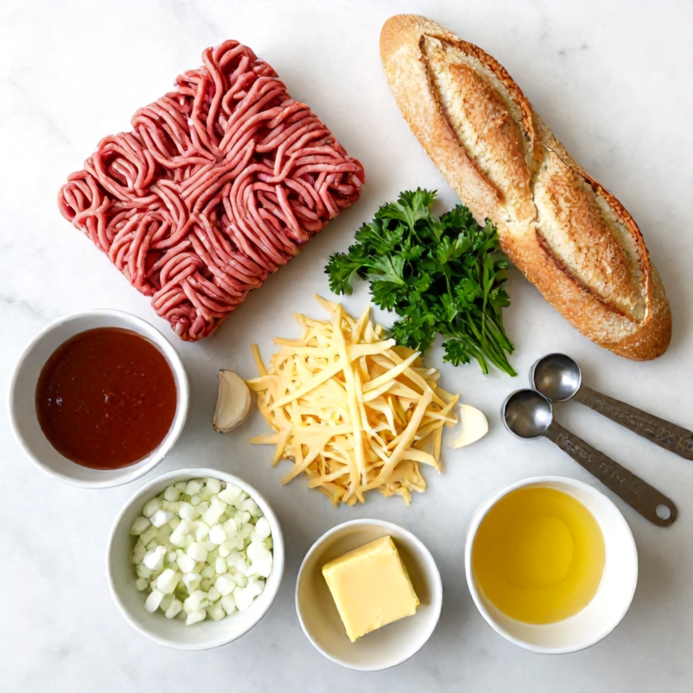 Overhead shot of raw ground beef, French bread loaf, shredded mozzarella cheese, garlic cloves, and parsley with other recipe ingredients in prep bowls on white marble.