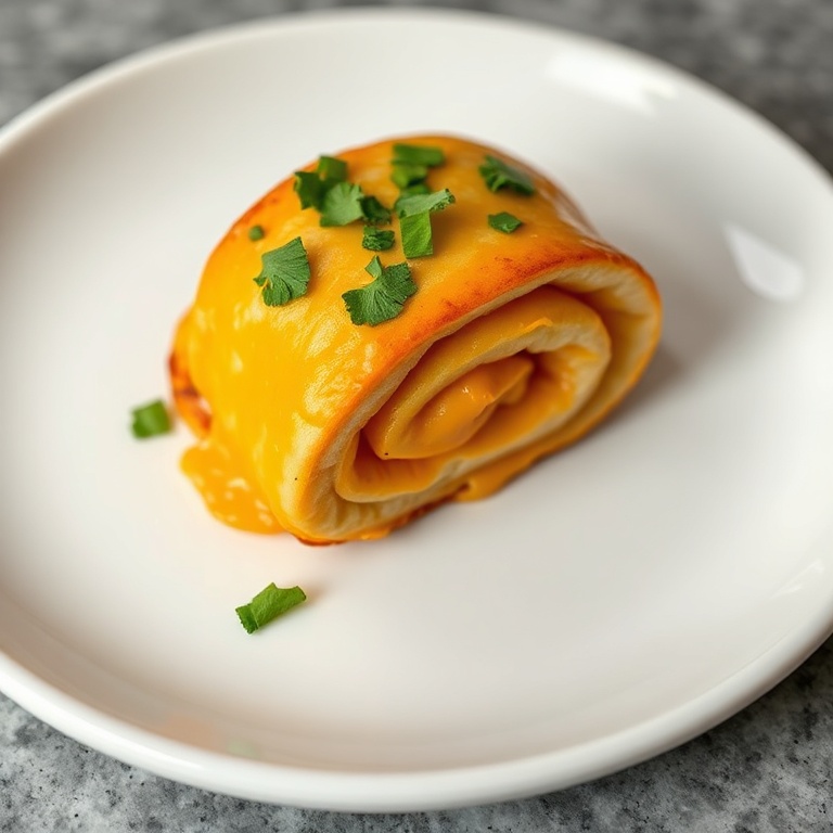 A single cheesy taco pinwheel garnished with fresh cilantro on a small white plate, melted cheese showing, warm lighting emphasizing texture.