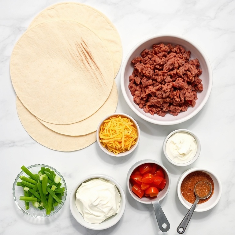 Overhead view of flour tortillas, shredded cheese, cooked ground beef, taco seasoning, and cream cheese for taco pinwheels, arranged on marble with bowls.