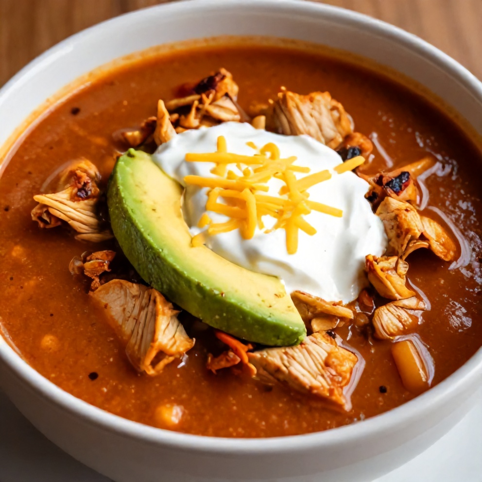 Bowl of Chicken Enchilada Soup garnished with avocado, sour cream, and shredded cheese