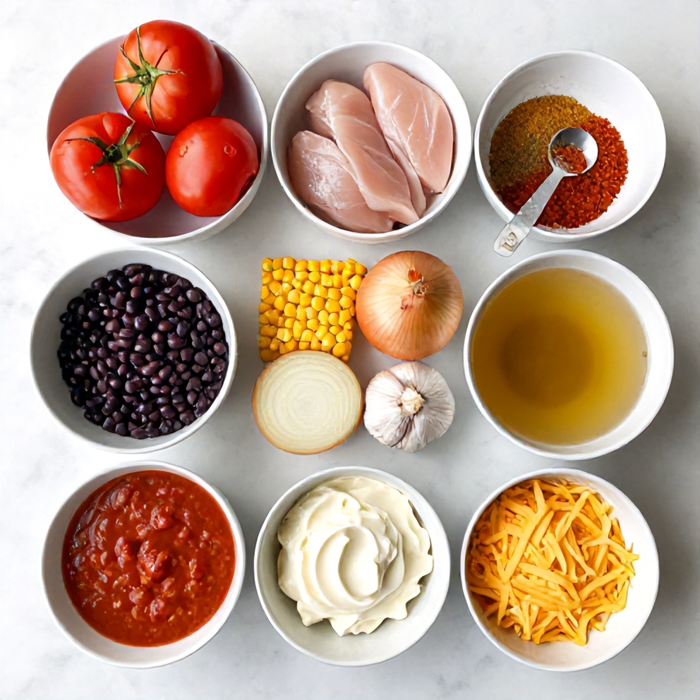 Raw ingredients for Chicken Enchilada Soup: chicken breasts, canned tomatoes, black beans, corn, onion, garlic, etc.