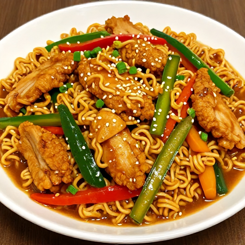 Plated chicken ramen stir fry