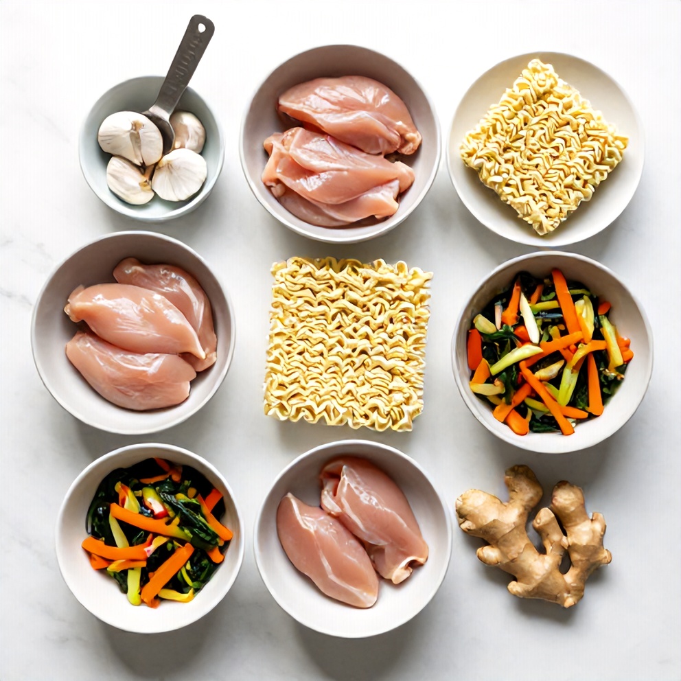 Raw ingredients for chicken ramen stir fry