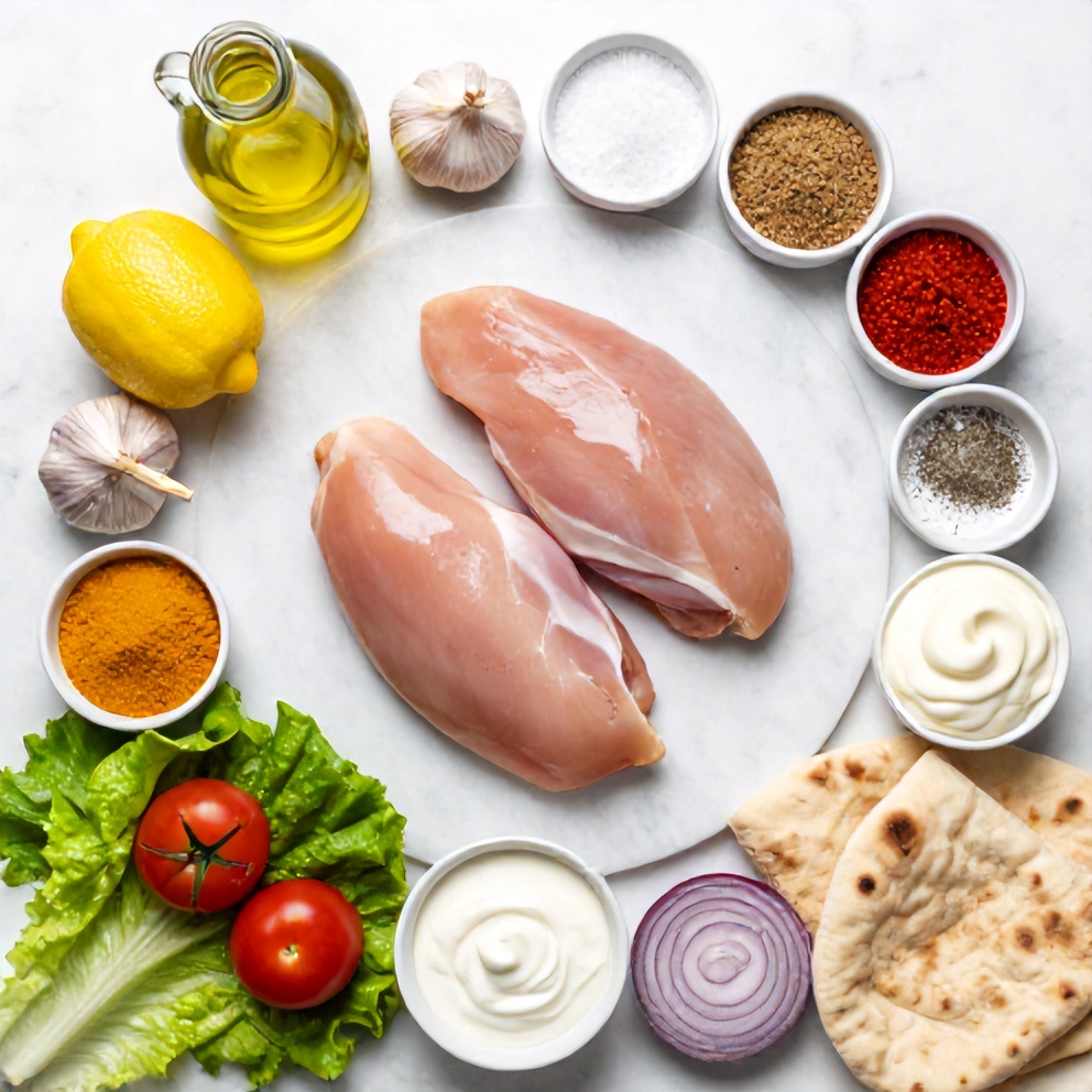 Raw ingredients for Chicken Shawarma on a marble surface