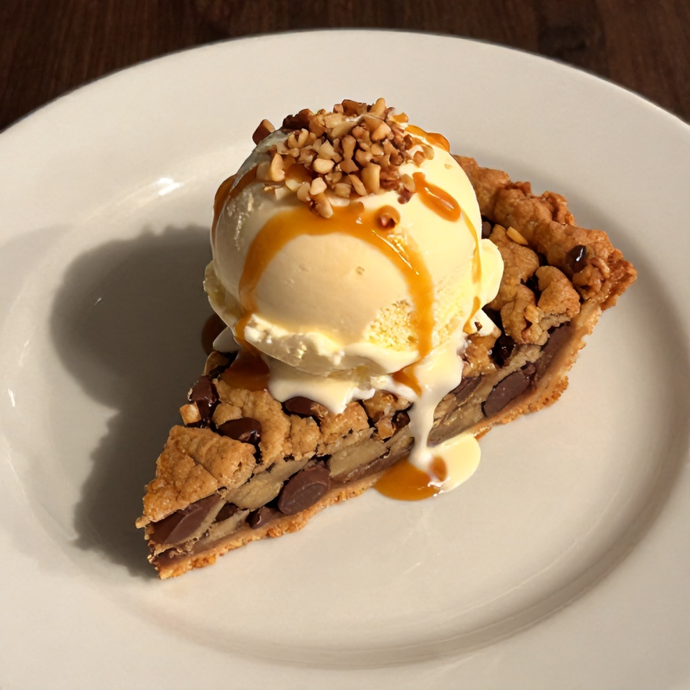 Chocolate Chip Cookie Pie on a plate with ice cream
