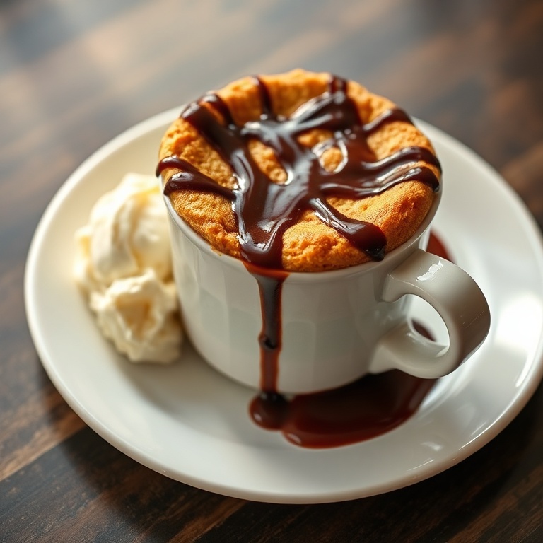 A perfect plated mug cake with a drizzle of chocolate sauce. A small scoop of vanilla ice cream beside it.