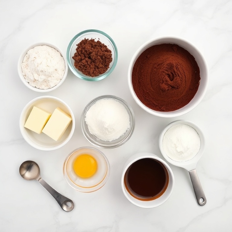 Raw ingredients for chocolate lava mug cake arranged in a flat lay. Flour, cocoa powder, sugar, butter, and eggs visible.