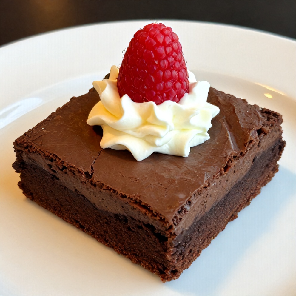 Chocolate Mousse Brownies plated with a scoop of vanilla ice cream
