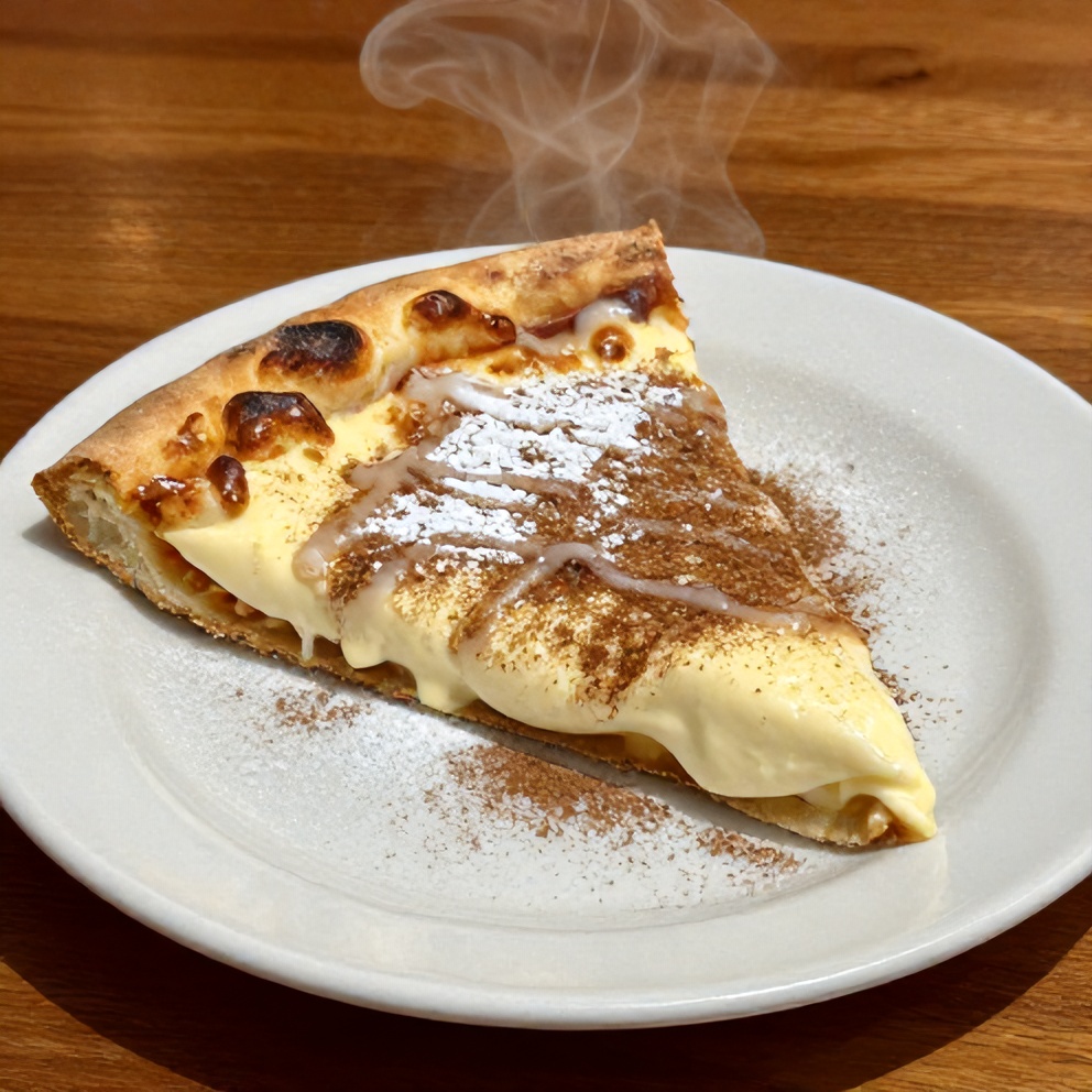 A warm slice of cinnamon sugar pizza on a white round plate topped with a dusting of cinnamon and a drizzle of icing.