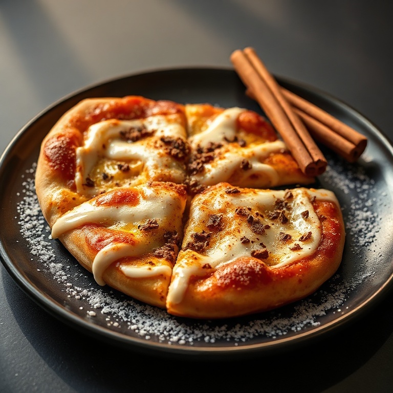 Cinnamon sugar pizza on a dark plate with a sprinkle of sugar and a cinnamon stick. Warm light highlights the glaze.