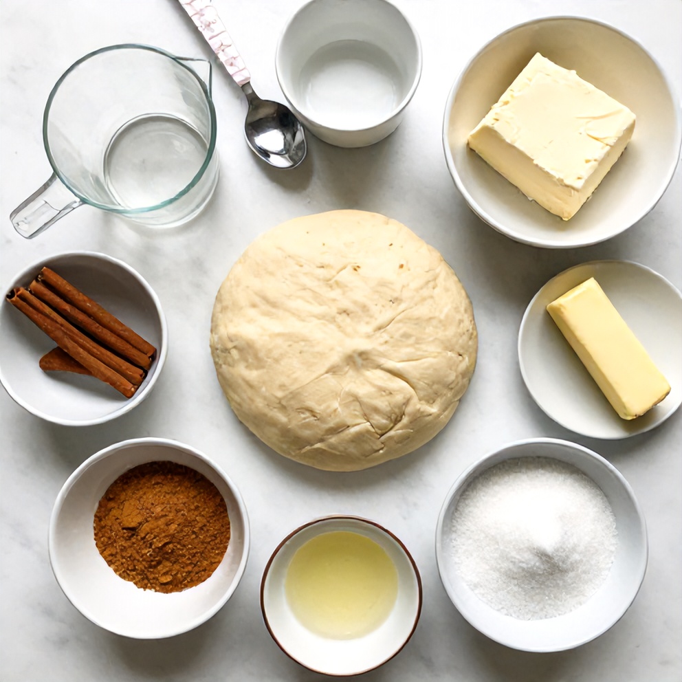 Overhead shot of pizza dough, cream cheese, cinnamon, sugar, and butter arranged with prep bowls and measuring spoons on a marble surface.