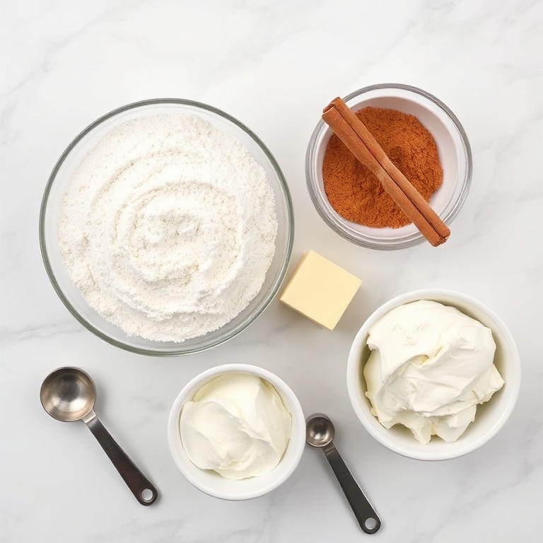 Flour, sugar, cinnamon, butter, cream cheese, and a jar of cinnamon sugar. Measuring tools and bowls nearby.