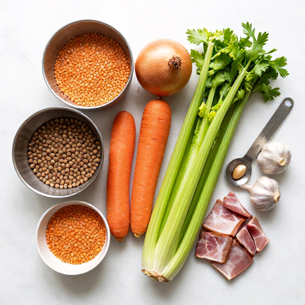 Split peas, onion, carrots, celery, garlic, and ham arranged on a marble surface