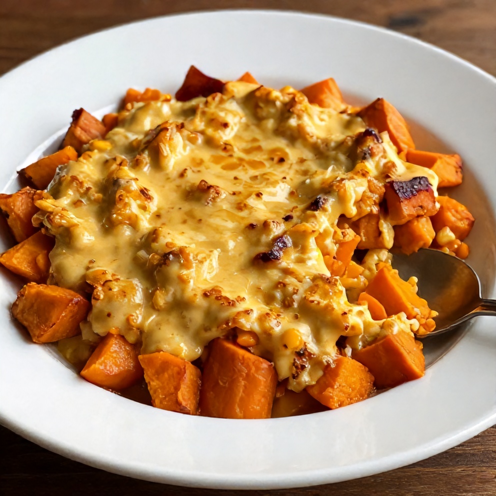 Sweet potato casserole served in a baking dish with a spoon
