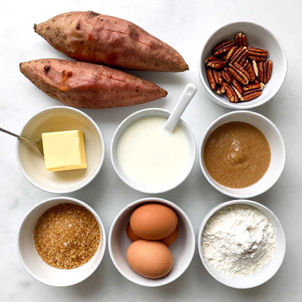 Raw ingredients for sweet potato casserole: sweet potatoes, butter, sugar, eggs, milk, pecans, brown sugar, flour