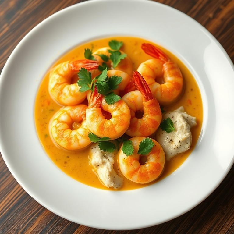 Plated shrimp in coconut curry. Garnished with cilantro. White ceramic plate. Warm side lighting. Photorealistic food photography.