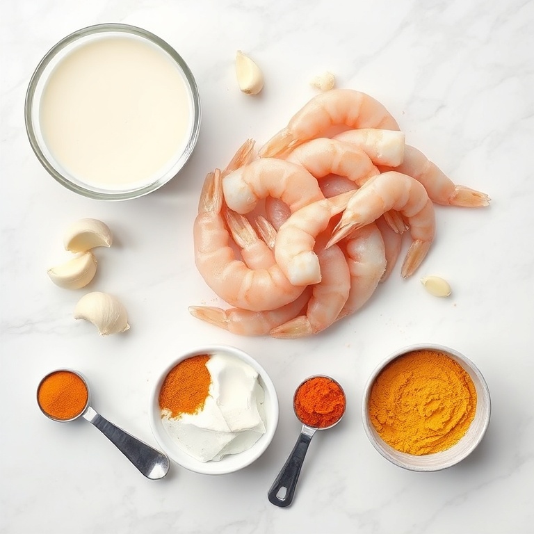 Fresh shrimp, coconut milk, garlic, ginger, and curry powder arranged in an overhead flat lay. Measuring spoons and bowls visible. White marble surface. Bright light.