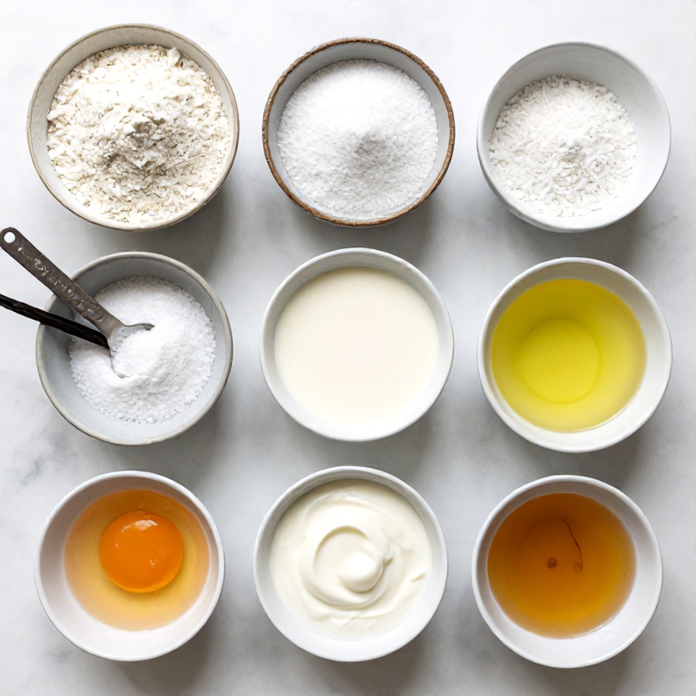 Raw ingredients for Easy Coconut Milk Snack Cake on a marble surface