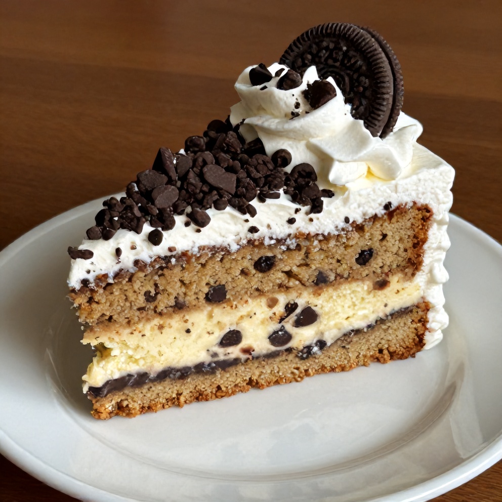 One decadent slice of cookies and cream cake on a white dessert plate with extra crushed Oreo garnish. The texture is moist and melty with big cookie pieces. Warm light from the side highlights every crumb.