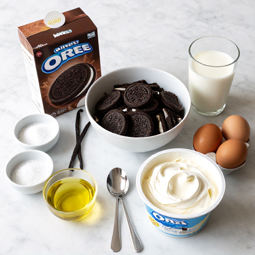 All major ingredients for cookies and cream cake are laid out, with chocolate cake mix, Oreo cookies, eggs, vegetable oil, and sour cream as the most prominent. White bowls and measuring cups, cocoa powder, and a bottle of vanilla extract are placed beside. Everything sits on white marble under bright light.