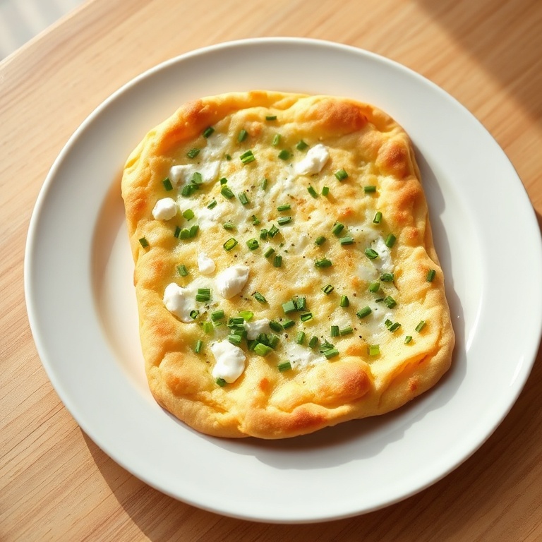 One serving of cottage cheese flatbread, flat on a white ceramic plate, sprinkled with fresh chives, with the golden-brown crust and bubbly texture highlighted by warm lighting.