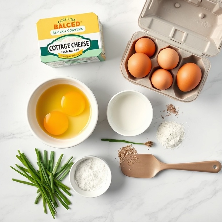 Overhead view of raw eggs and cottage cheese, arranged with prep bowls and measuring spoons on a bright white marble surface for flatbread.