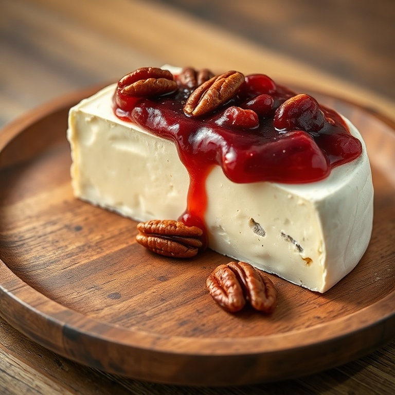A perfect slice of brie with cranberry sauce and pecans on a wooden plate
