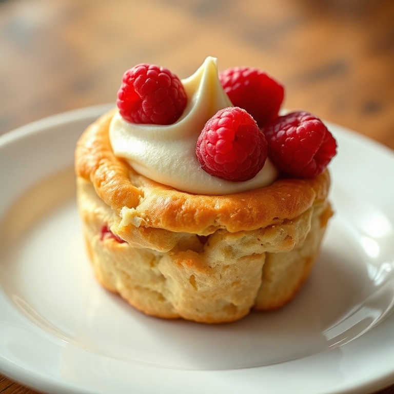 A single cruffin topped with fresh raspberries and a swirl of cream cheese frosting