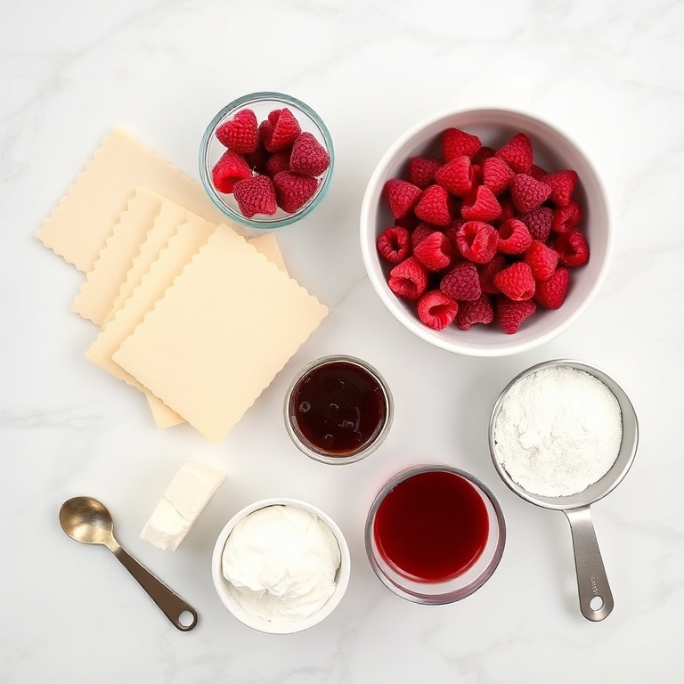Fresh raspberries, cream cheese, puff pastry sheets, powdered sugar, and a mixing bowl