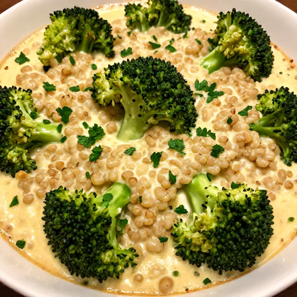 A serving of Creamy Broccoli Quinoa Bake on a plate, garnished with fresh parsley