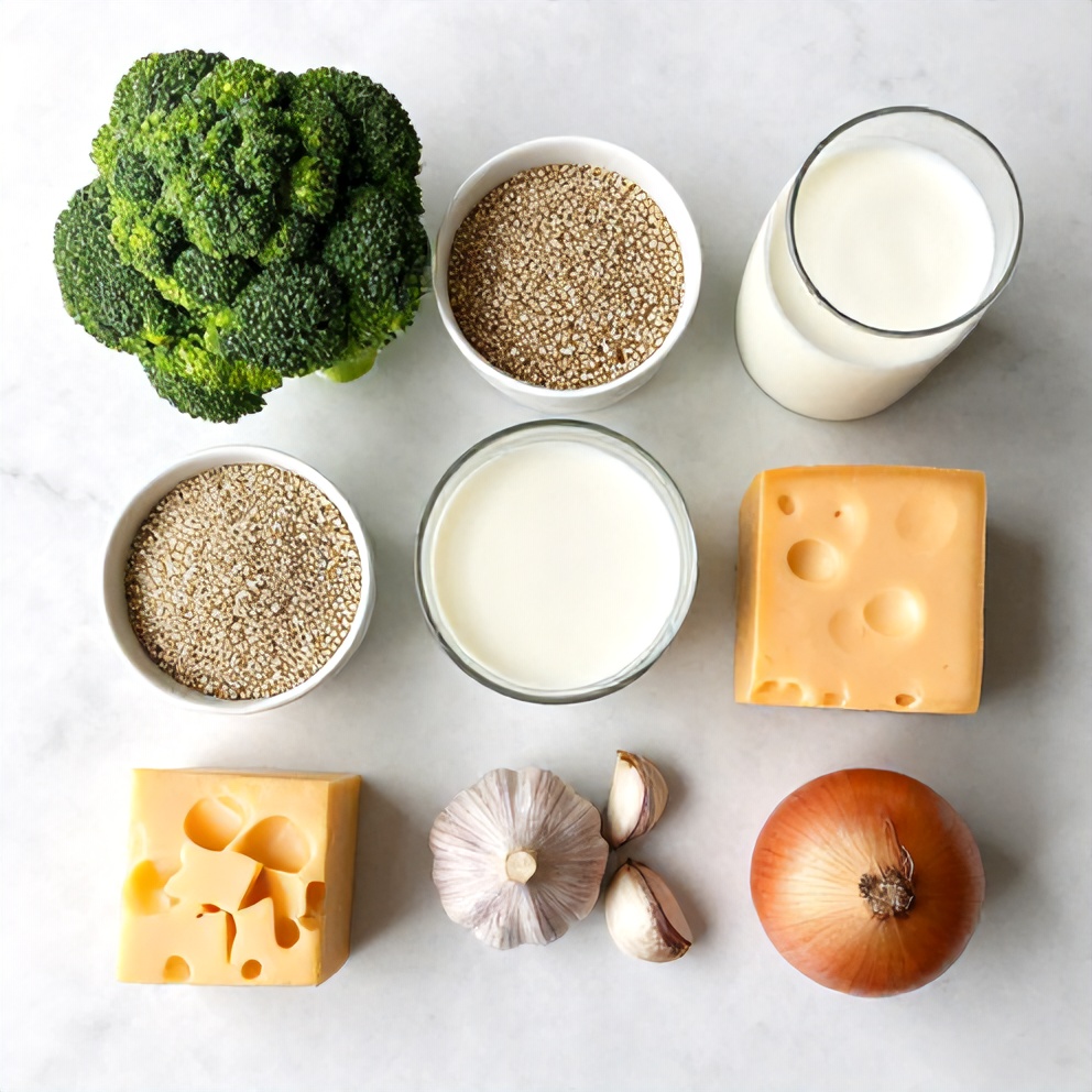 Broccoli, quinoa, milk, cheese, and other ingredients arranged in a flat lay