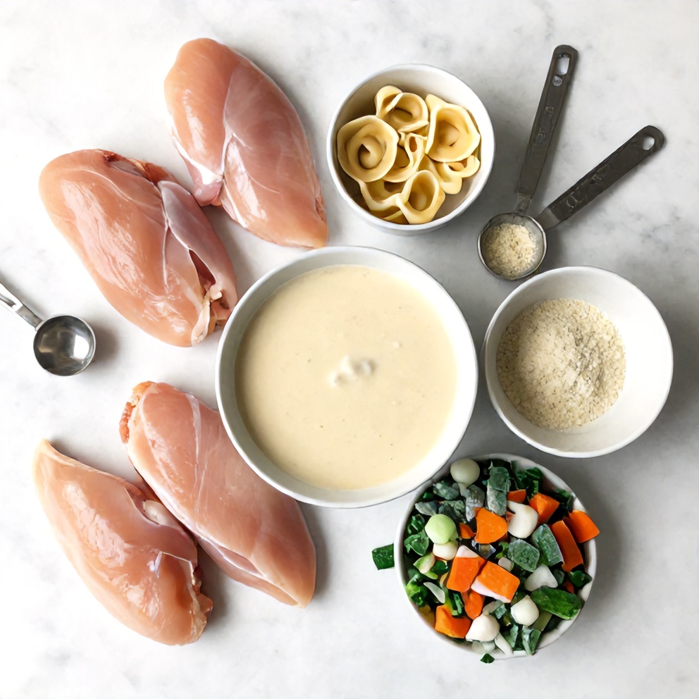 Raw ingredients for Crockpot Chicken Tortellini including chicken breasts, tortellini, cream of chicken soup, and frozen mixed vegetables