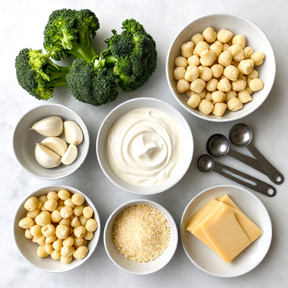 Raw ingredients for Gnocchi Broccoli Bake: gnocchi, broccoli, garlic, cheese, heavy cream