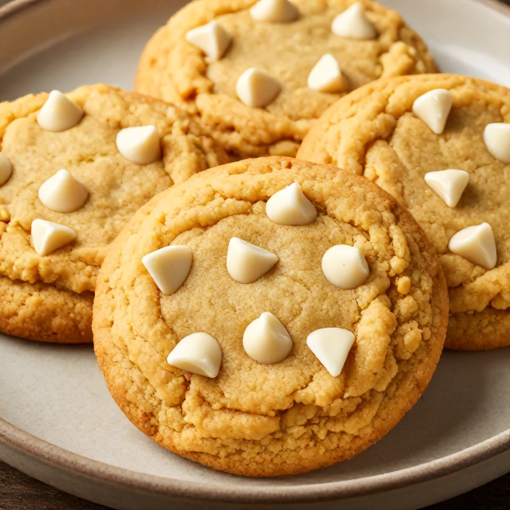 A close-up of a creamy orange cookie with white chocolate chips on a rustic plate