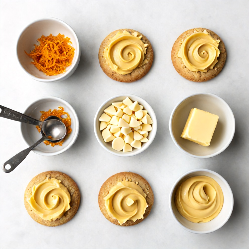 Ingredients for creamy orange cookies including orange zest, white chocolate chips, and butter